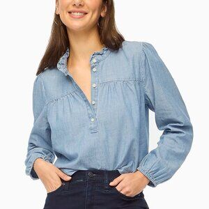 J.Crew Chambray Denim Garden Ruffleneck Top | Blue Wash | XXS / 00